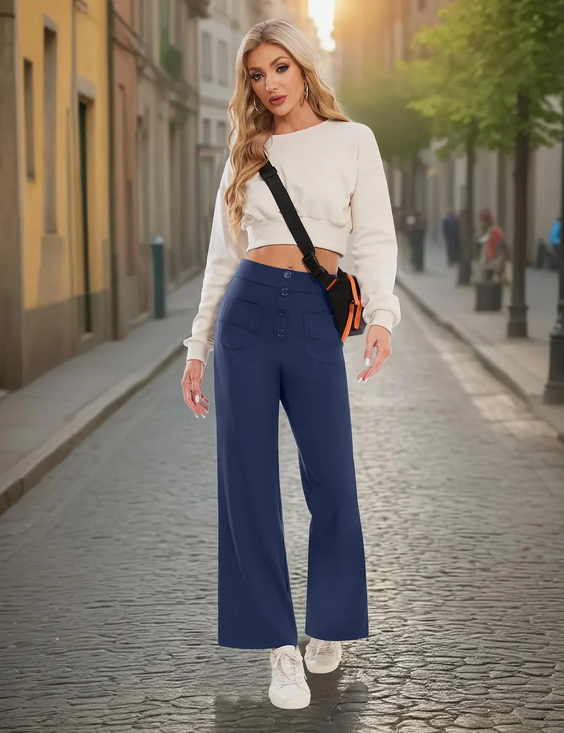 Desol Women's Straight Leg Pants High Waisted Button Stretchy Work Pants Business Casual Work Trousers with Multiple Pockets