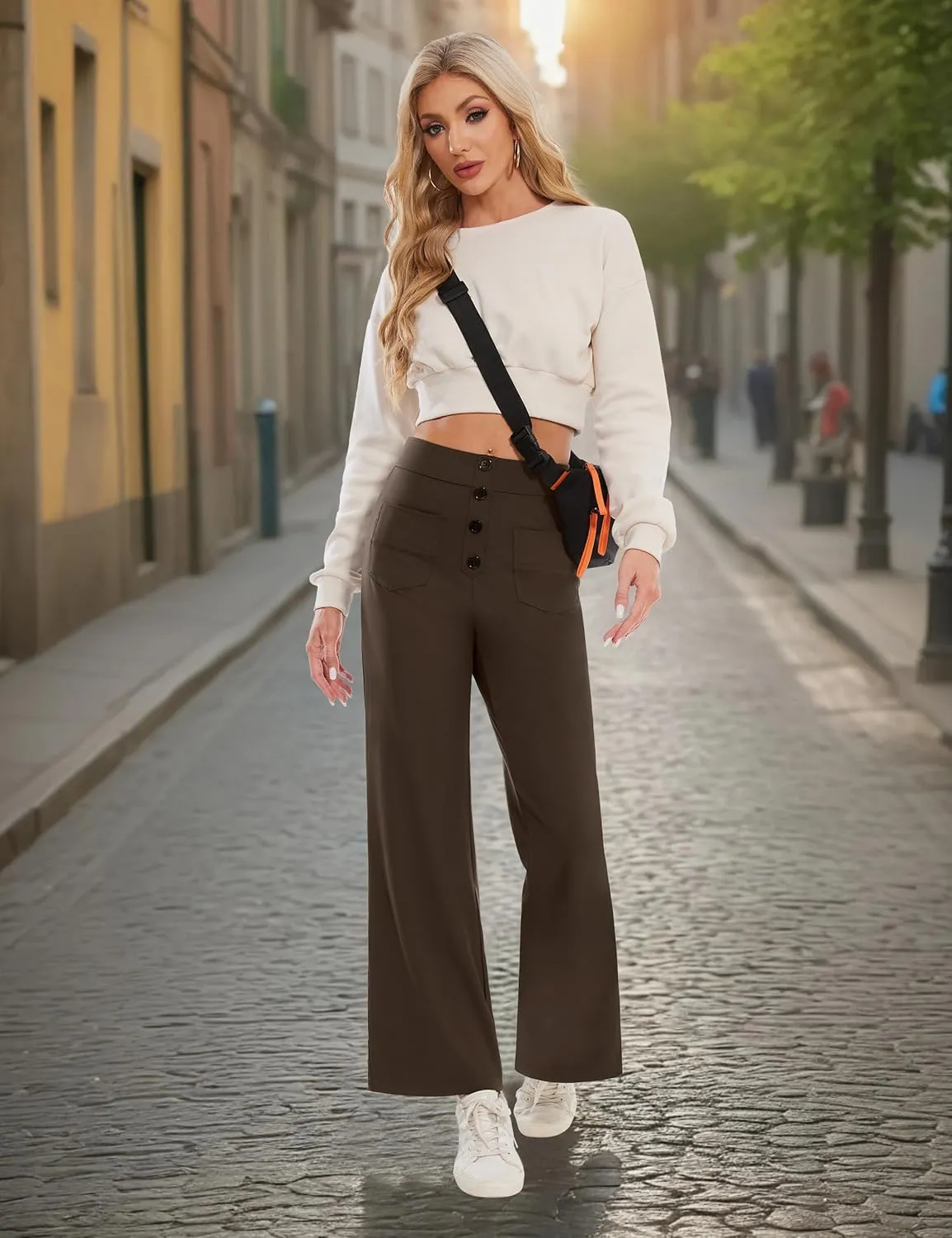 Desol Women's Straight Leg Pants High Waisted Button Stretchy Work Pants Business Casual Work Trousers with Multiple Pockets