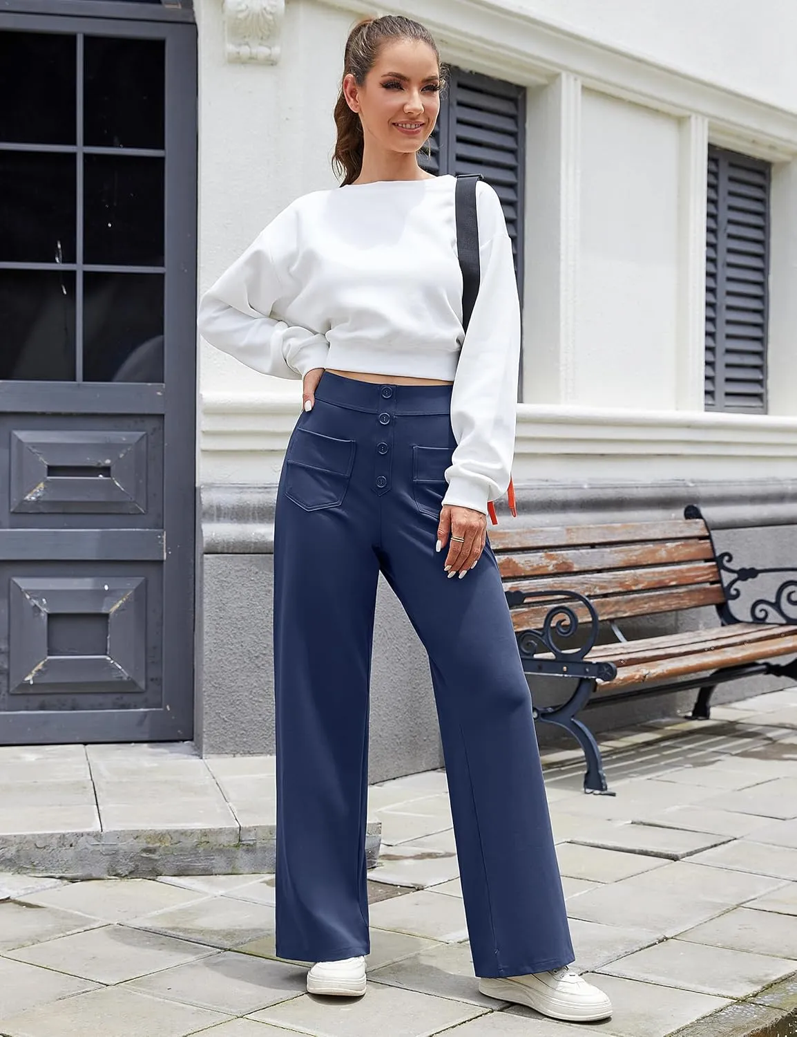 Desol Women's Straight Leg Pants High Waisted Button Stretchy Work Pants Business Casual Work Trousers with Multiple Pockets