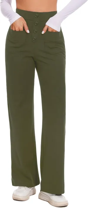 Desol Women's Straight Leg Pants High Waisted Button Stretchy Work Pants Business Casual Work Trousers with Multiple Pockets