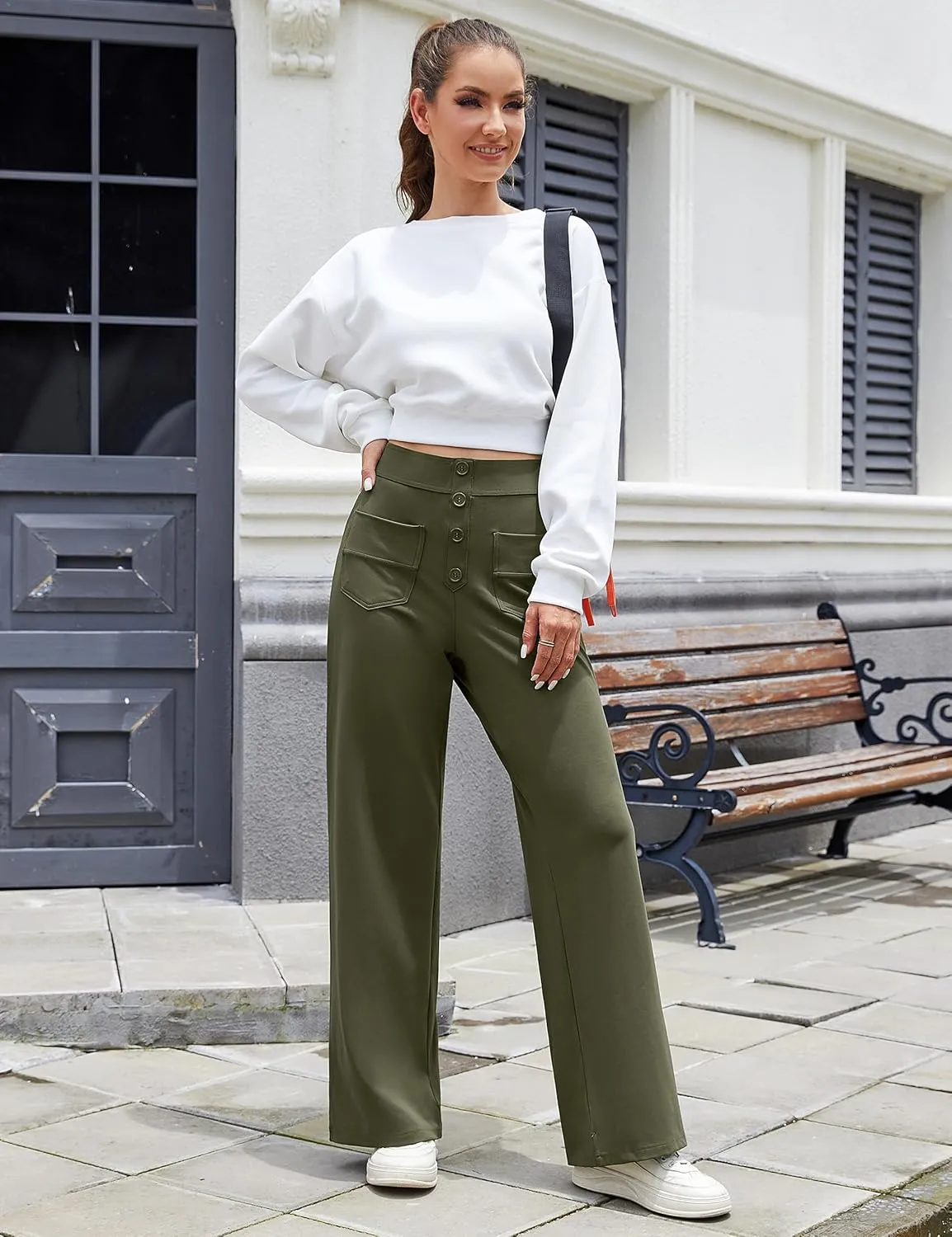 Desol Women's Straight Leg Pants High Waisted Button Stretchy Work Pants Business Casual Work Trousers with Multiple Pockets
