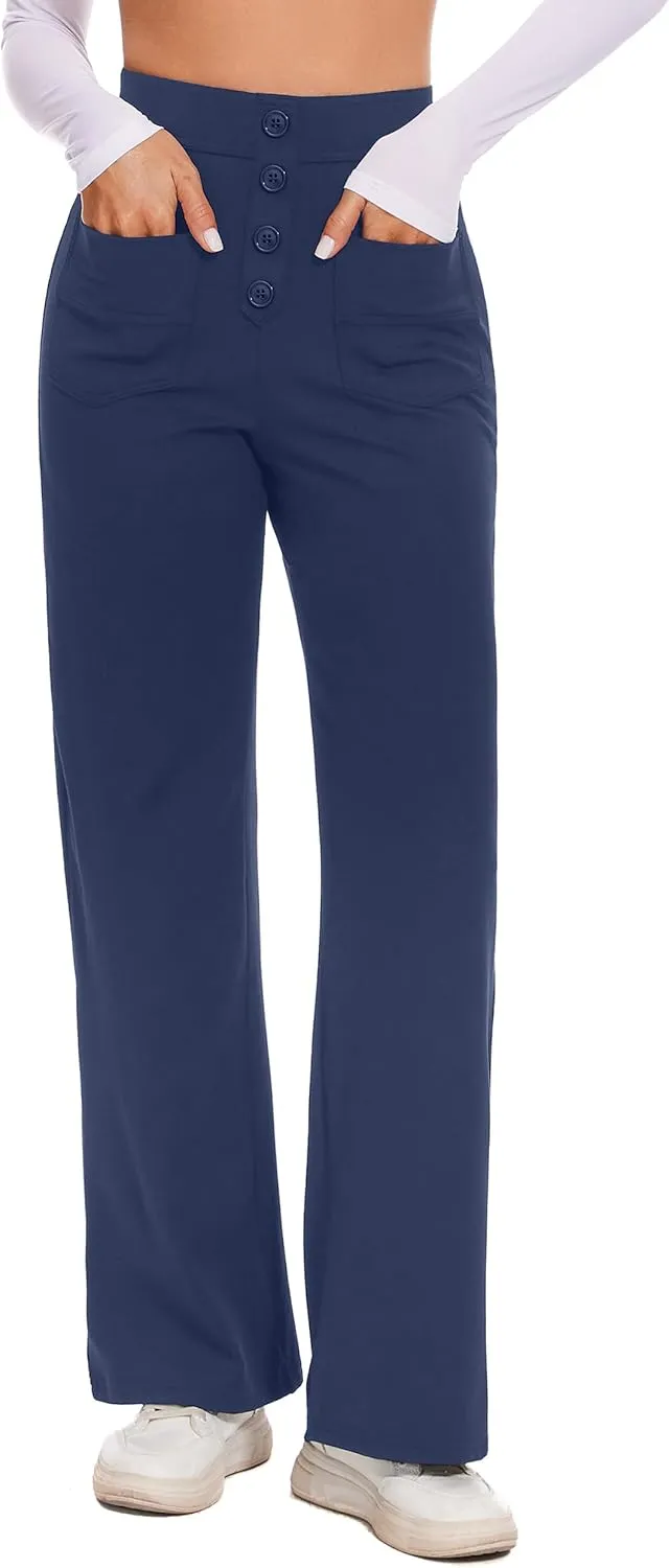 Desol Women's Straight Leg Pants High Waisted Button Stretchy Work Pants Business Casual Work Trousers with Multiple Pockets