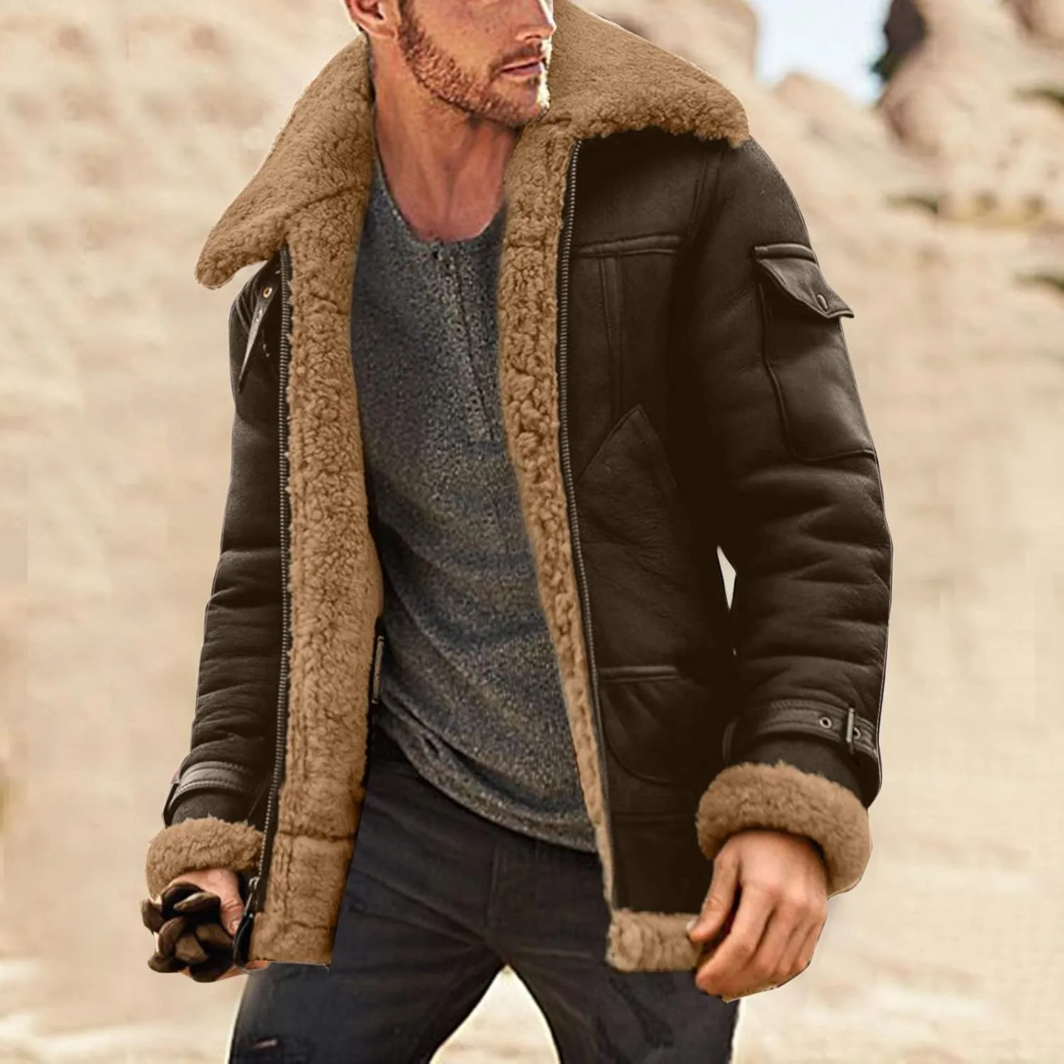 DuDubaby Men's Solid Color Frosted Fleece Composite Coat Long Sleeve Zipper Lapel Thick Coat Coat