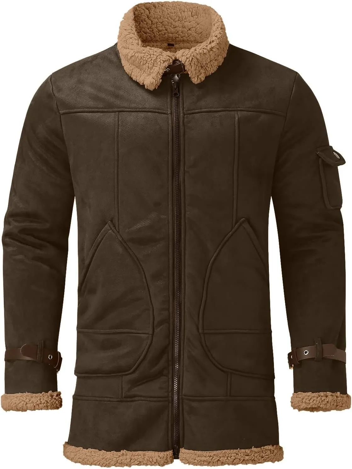 DuDubaby Men's Solid Color Frosted Fleece Composite Coat Long Sleeve Zipper Lapel Thick Coat Coat