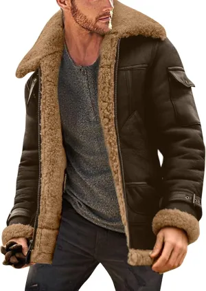 DuDubaby Men's Solid Color Frosted Fleece Composite Coat Long Sleeve Zipper Lapel Thick Coat Coat