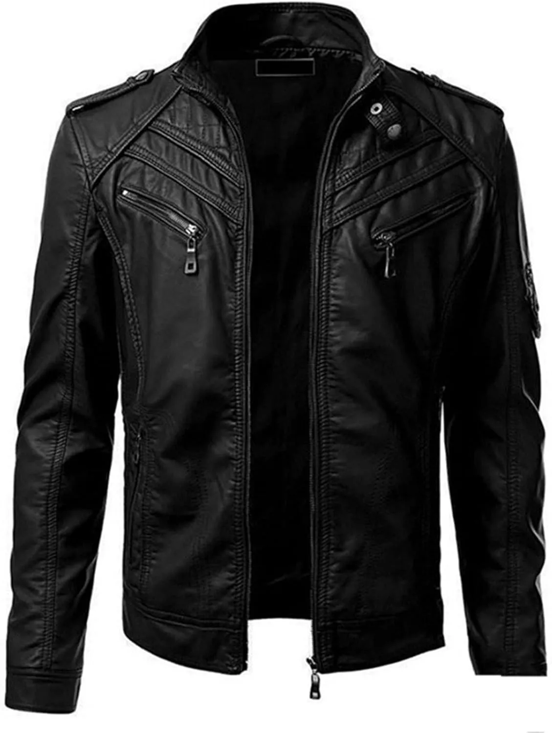DuDubaby Winter Men's Casual Stand Collar Leather Jacket Coat