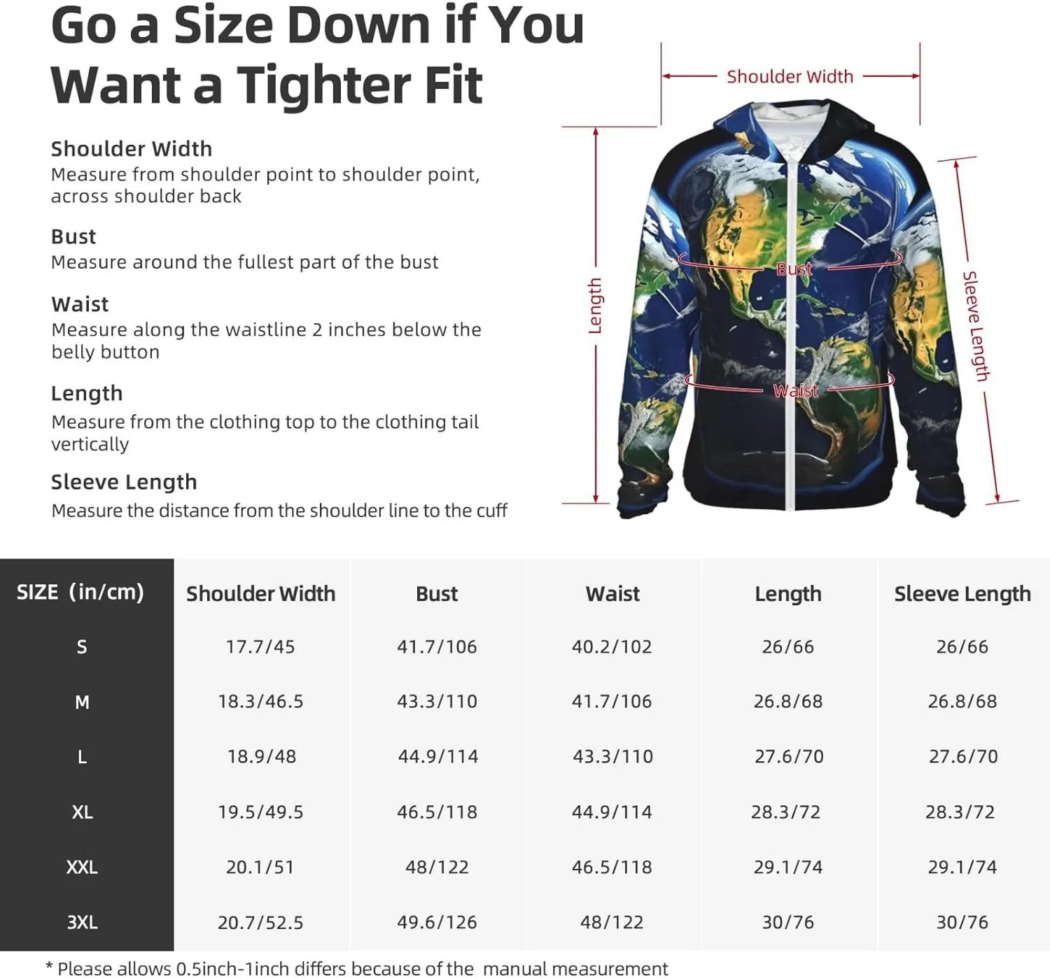 Earth Unisex Sun Protection Hoodie UPF 50  Long Sleeve Sun Shirt Breathable Hoodie Jacket