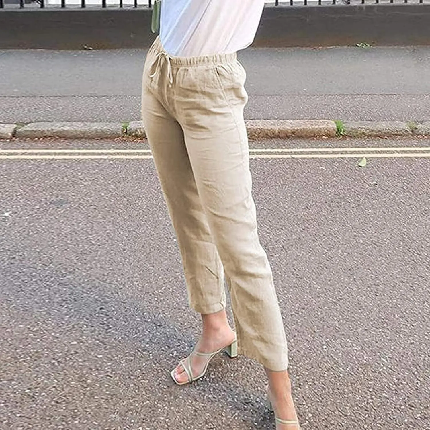 Elastic Waist Pants for Women 2024 Casual High Waist Pants Drawstring Comfort Slim Fit Pants with Side Pockets