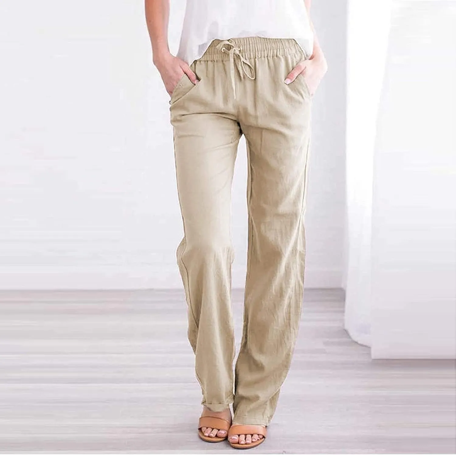 Elastic Waist Pants for Women 2024 Casual High Waist Pants Drawstring Comfort Slim Fit Pants with Side Pockets