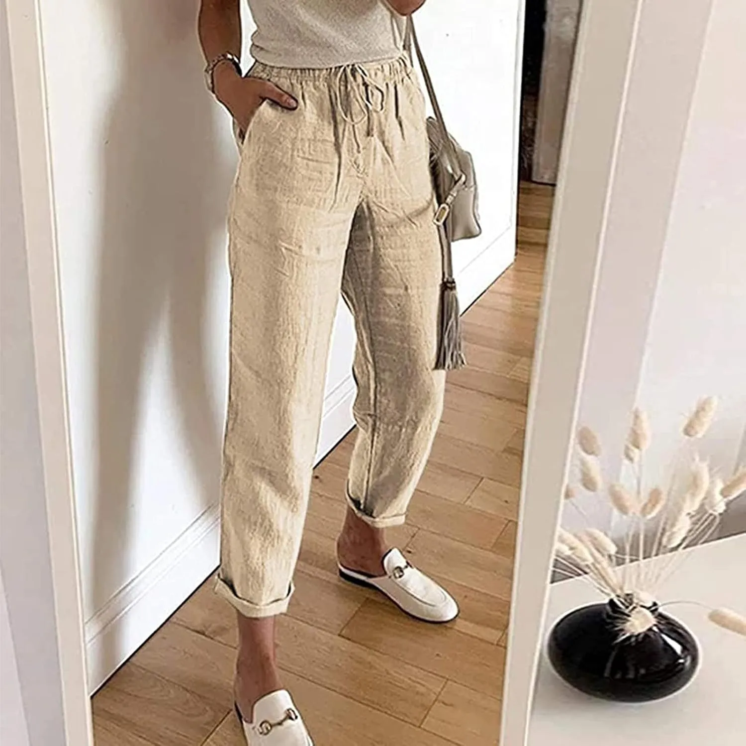 Elastic Waist Pants for Women 2024 Casual High Waist Pants Drawstring Comfort Slim Fit Pants with Side Pockets
