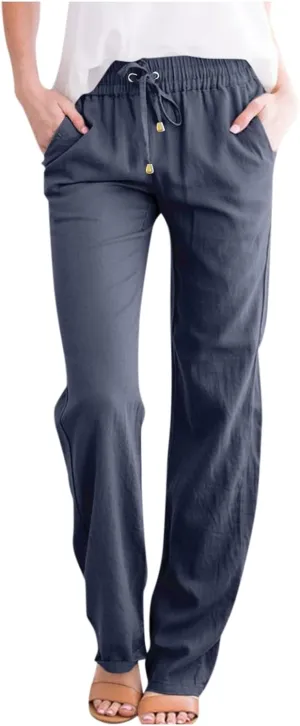 Elastic Waist Pants for Women 2024 Casual High Waist Pants Drawstring Comfort Slim Fit Pants with Side Pockets