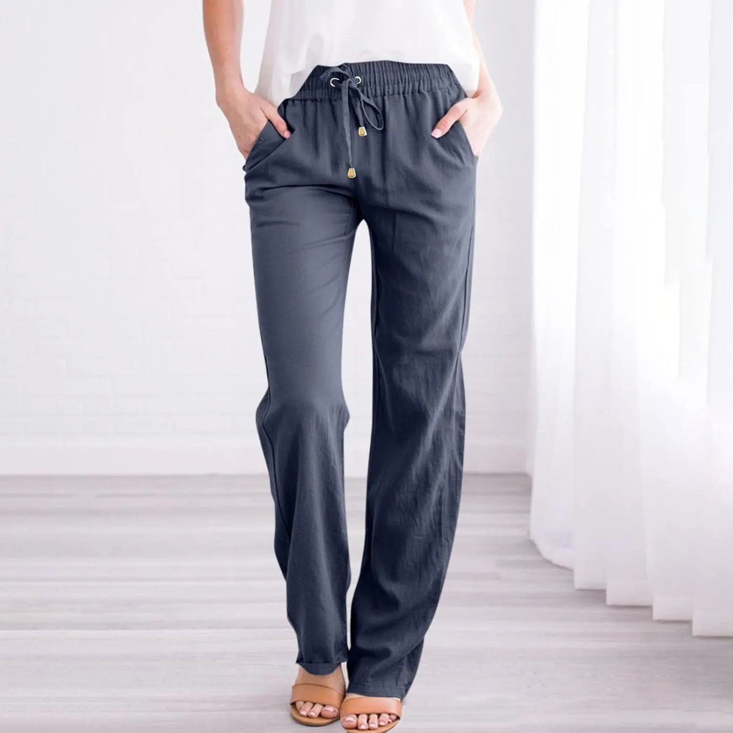Elastic Waist Pants for Women 2024 Casual High Waist Pants Drawstring Comfort Slim Fit Pants with Side Pockets