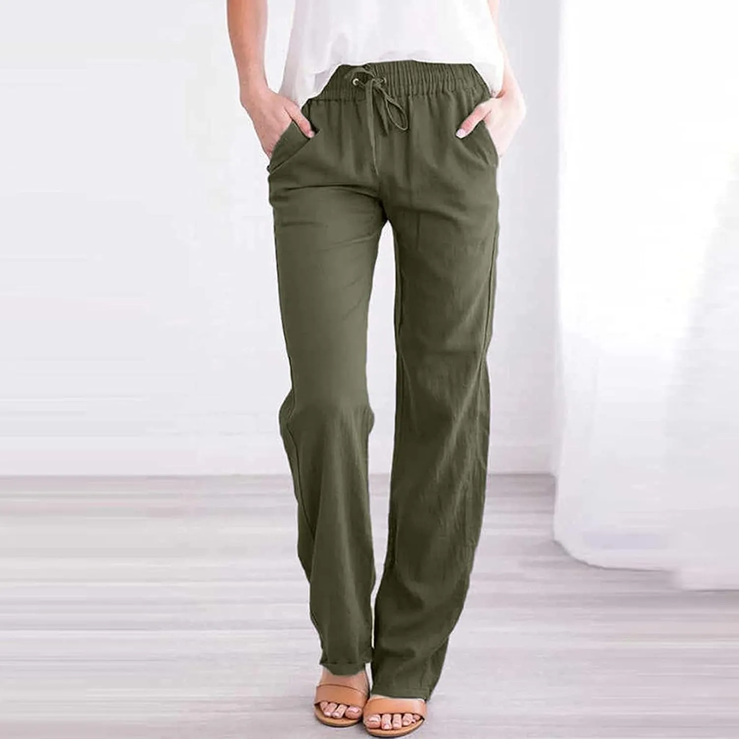 Elastic Waist Pants for Women 2024 Casual High Waist Pants Drawstring Comfort Slim Fit Pants with Side Pockets