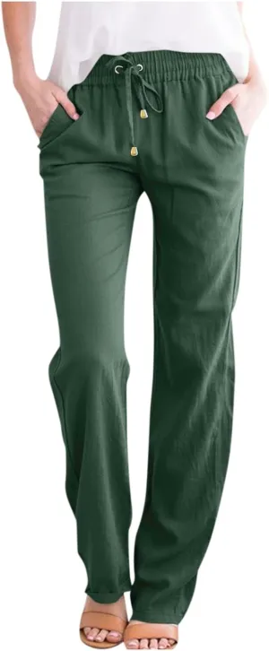 Elastic Waist Pants for Women 2024 Casual High Waist Pants Drawstring Comfort Slim Fit Pants with Side Pockets