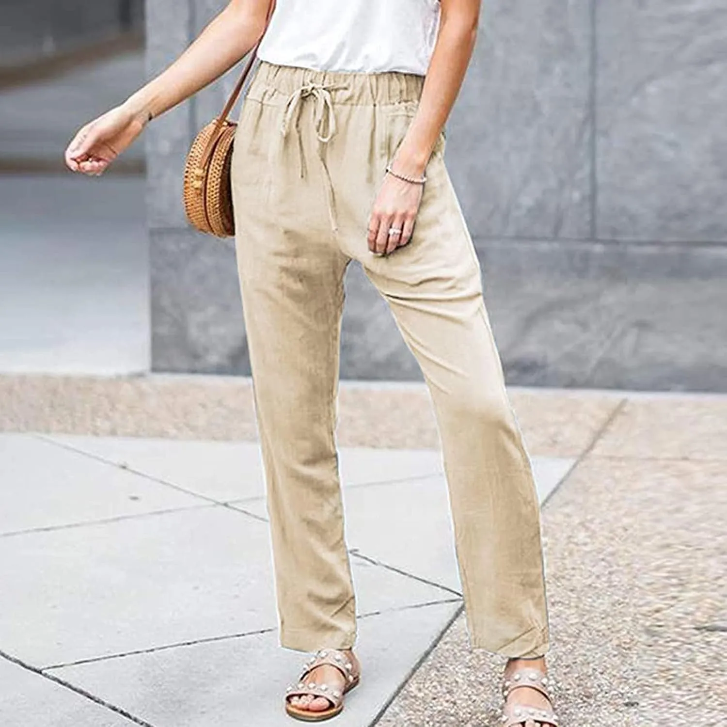 Elastic Waist Pants for Women 2024 Casual High Waist Pants Drawstring Comfort Slim Fit Pants with Side Pockets