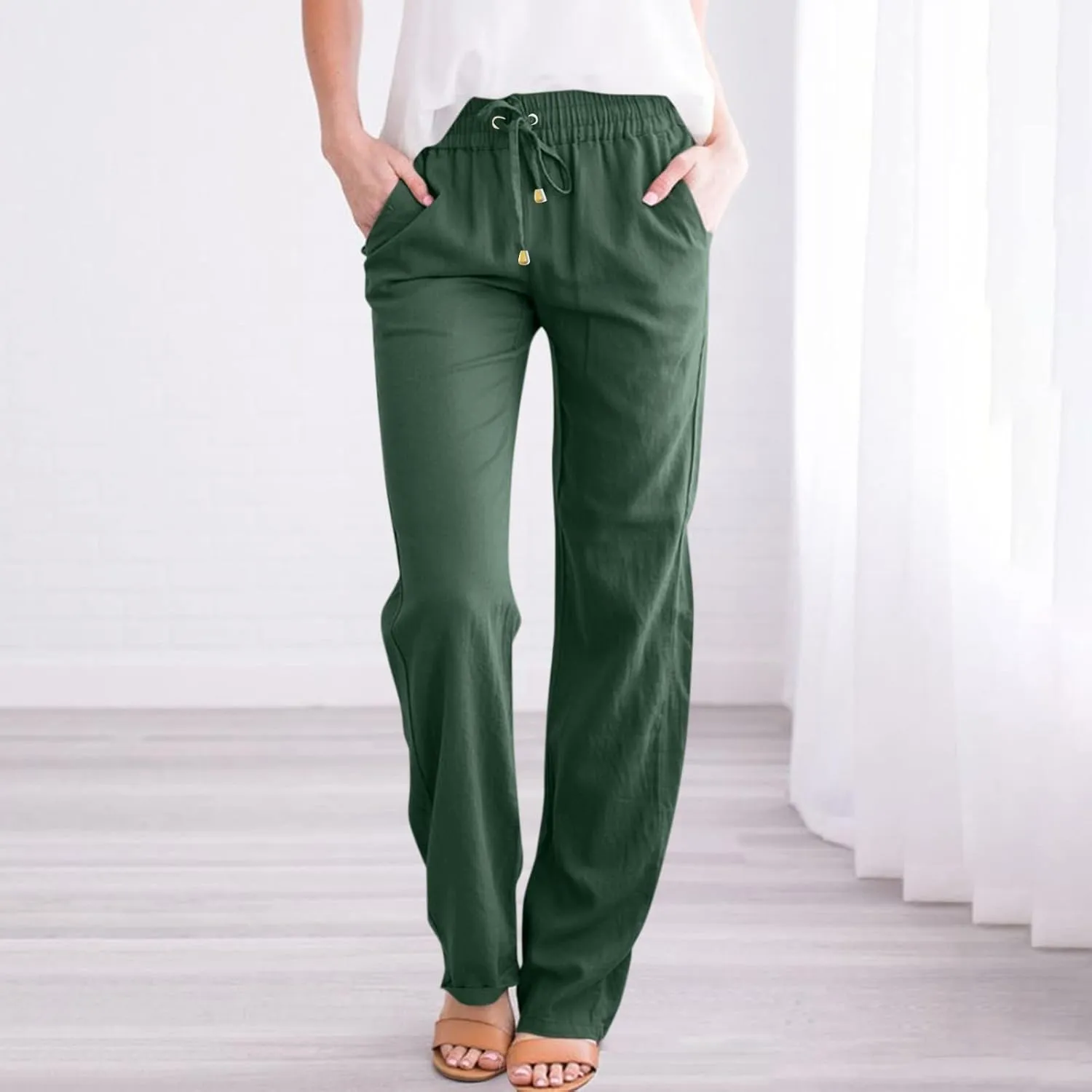 Elastic Waist Pants for Women 2024 Casual High Waist Pants Drawstring Comfort Slim Fit Pants with Side Pockets