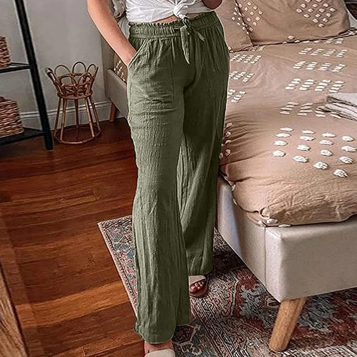 Elastic Waist Pants for Women 2024 Casual High Waist Pants Drawstring Comfort Slim Fit Pants with Side Pockets