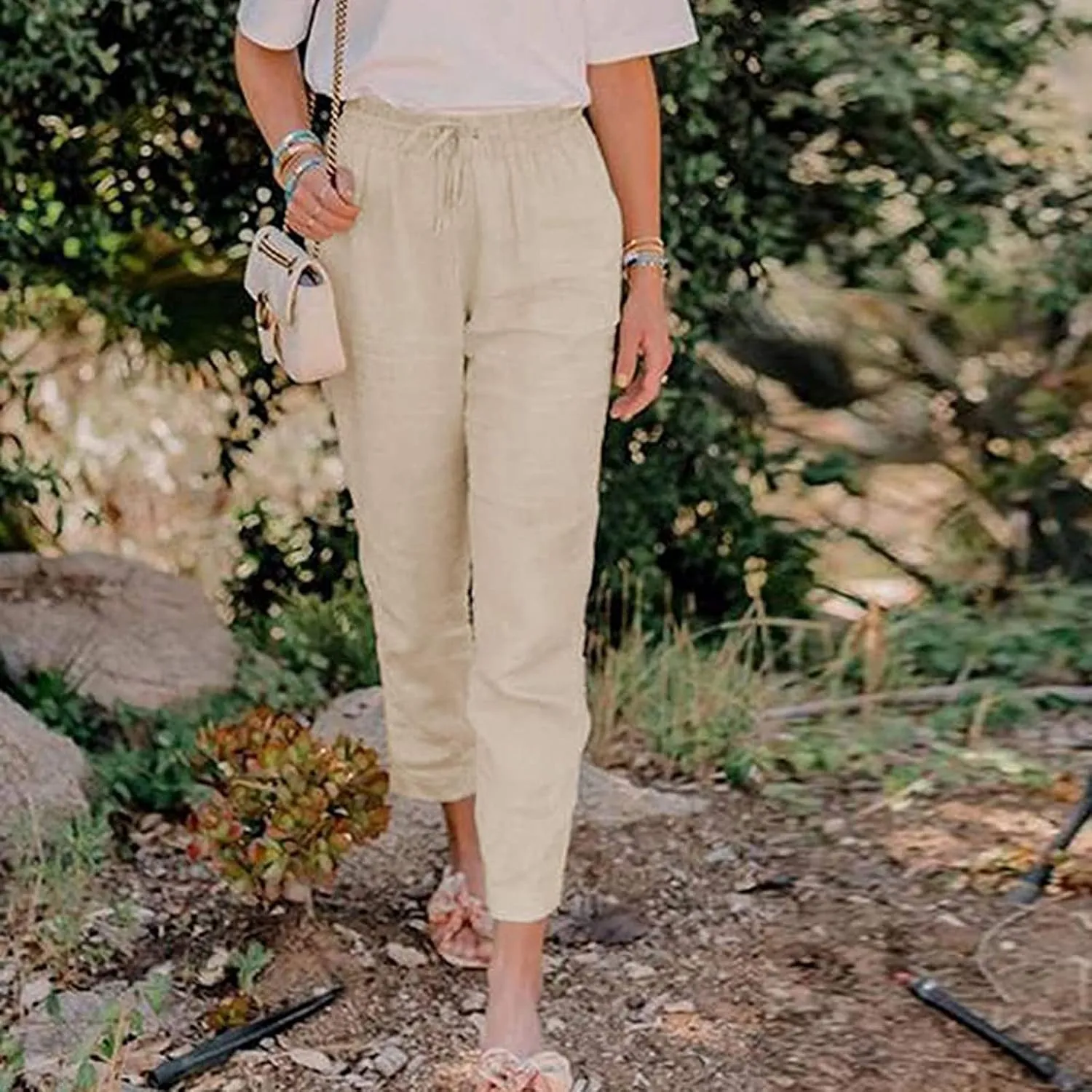 Elastic Waist Pants for Women 2024 Casual High Waist Pants Drawstring Comfort Slim Fit Pants with Side Pockets