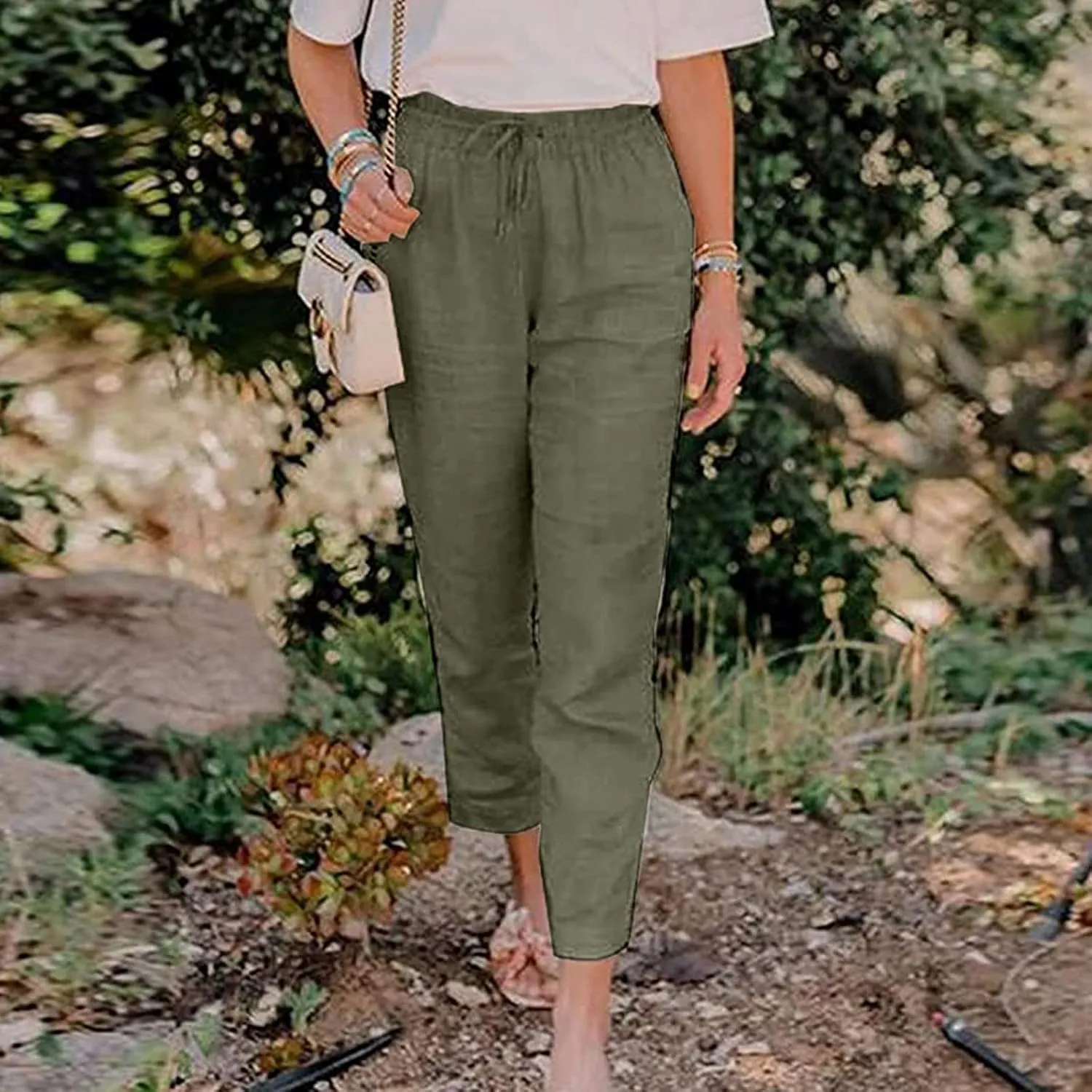 Elastic Waist Pants for Women 2024 Casual High Waist Pants Drawstring Comfort Slim Fit Pants with Side Pockets