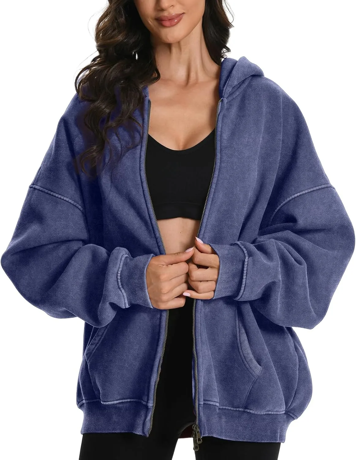 FAIABLE Womens Mens Zip Up Hoodie Oversized Acid Wash Hoodies Heavyweight Distress Cotton Fleece Zipper Hoodie Vintage Zip Washed Hoodie Sweatshirt Blue