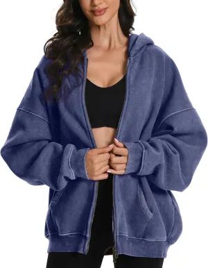 FAIABLE Womens Mens Zip Up Hoodie Oversized Acid Wash Hoodies Heavyweight Distress Cotton Fleece Zipper Hoodie Vintage Zip Washed Hoodie Sweatshirt Blue