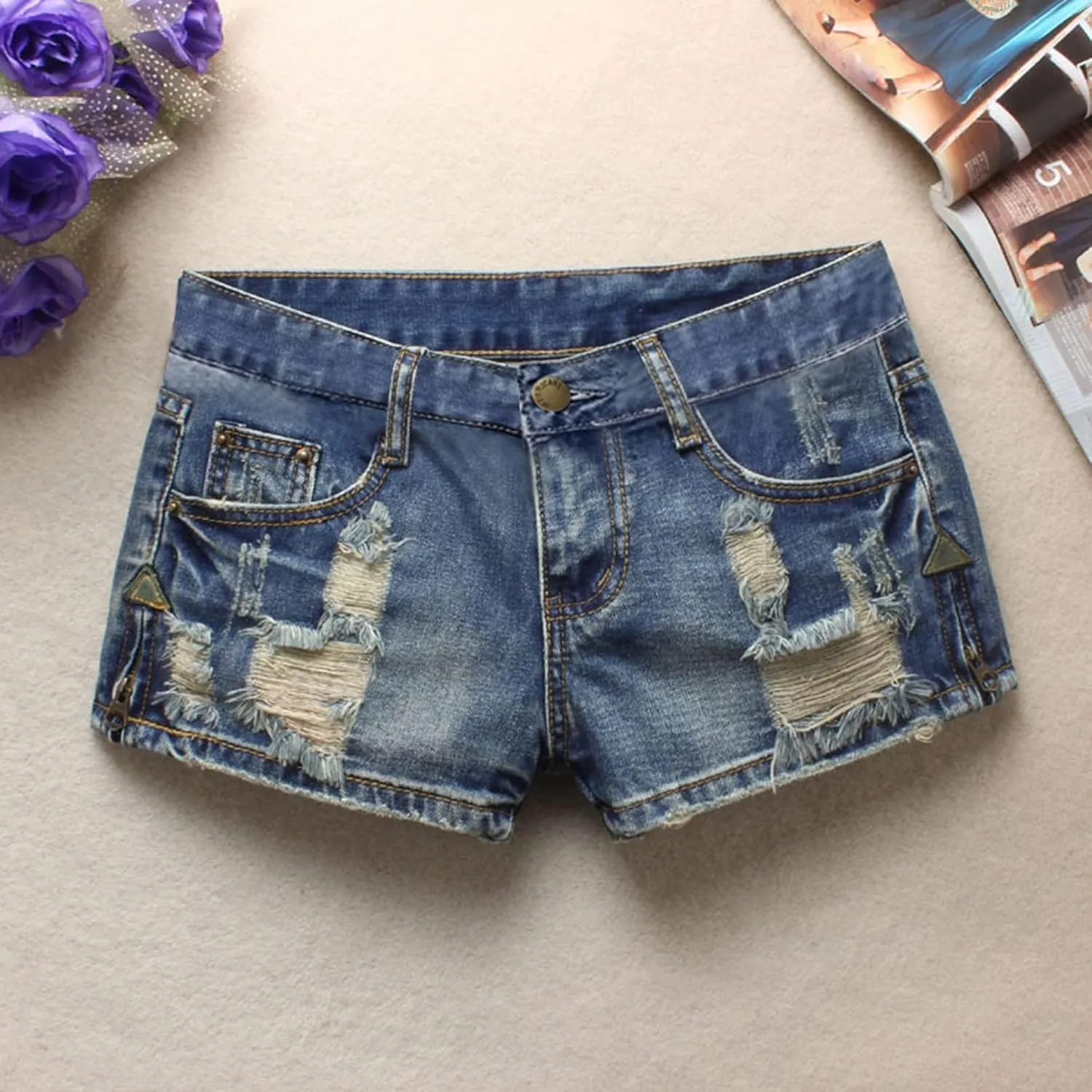 Fensajomon Women's Low Rise Summer Ripped Distressed Frayed Denim Shorts Sexy Jean