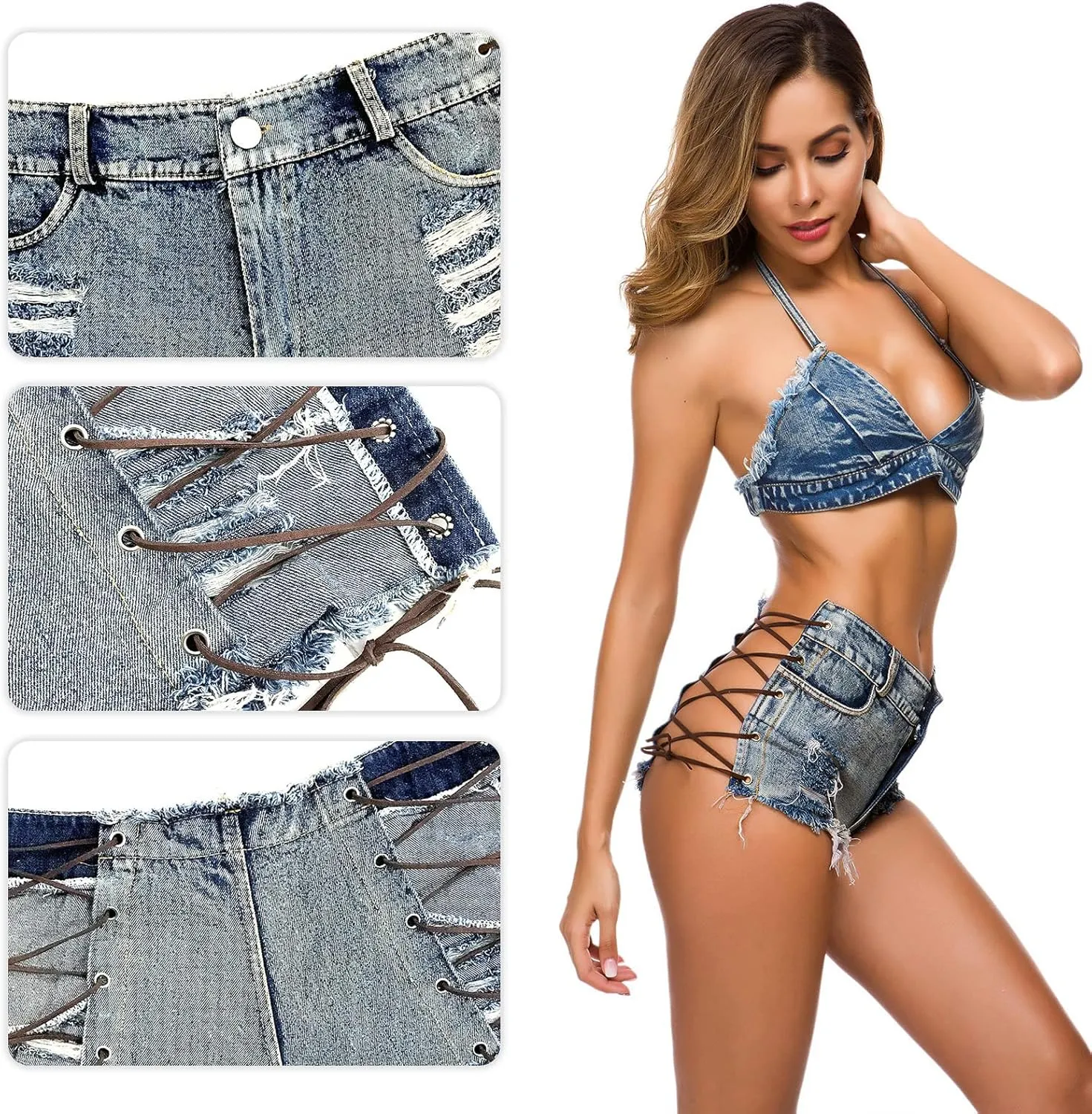 FEOYA Women's Frayed Denim Shorts Sexy Lace Up Mini Hot Pants Cut Off Ripped Hole Booty Shorts Jeans Clubwear
