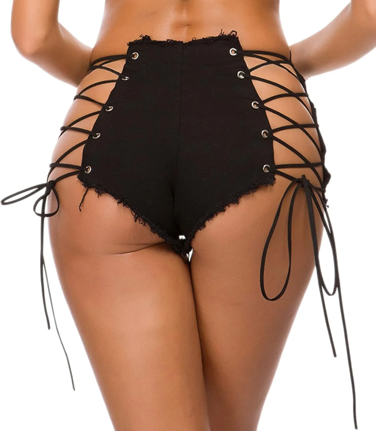 FEOYA Women's Frayed Denim Shorts Sexy Lace Up Mini Hot Pants Cut Off Ripped Hole Booty Shorts Jeans Clubwear
