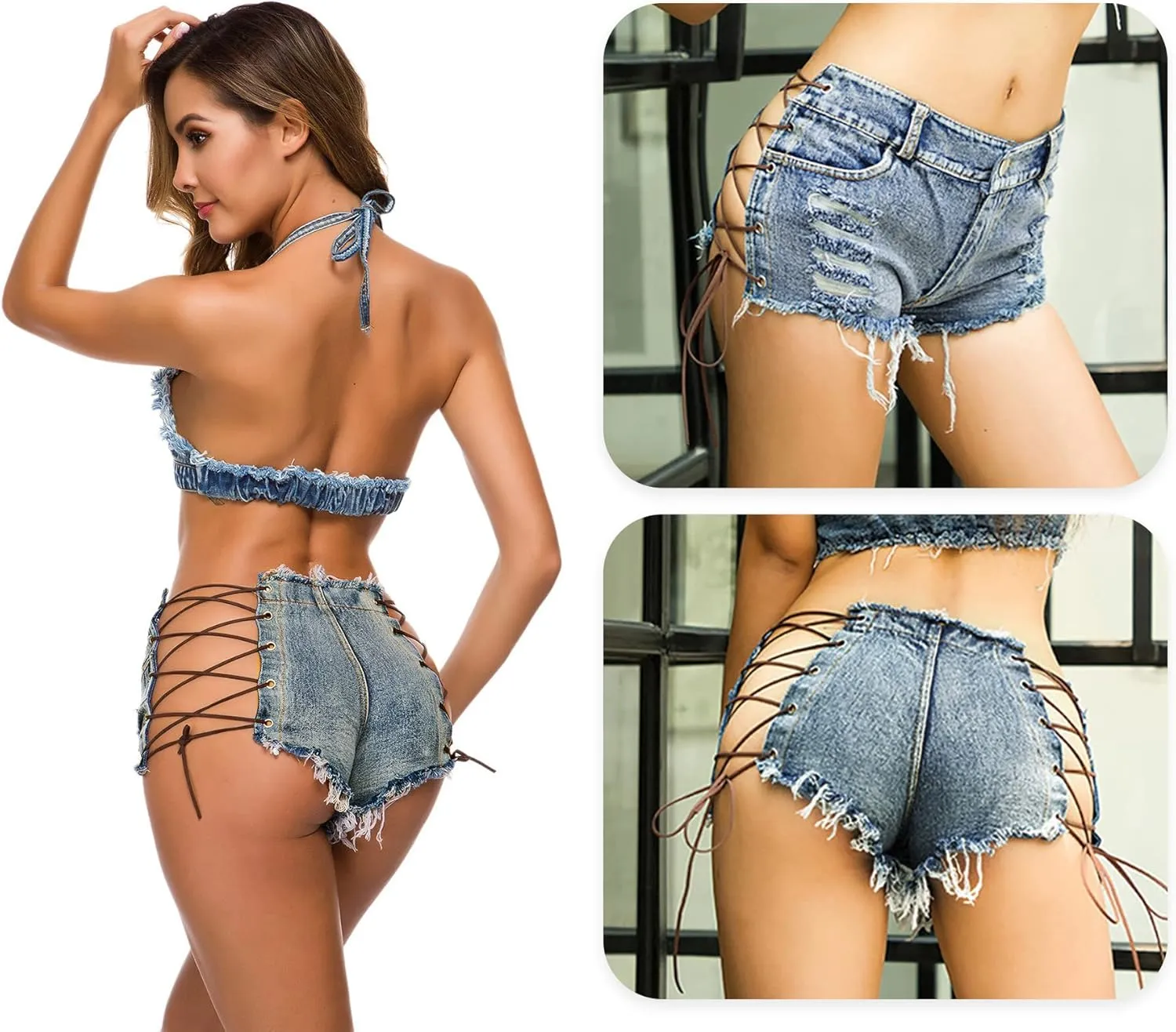 FEOYA Women's Frayed Denim Shorts Sexy Lace Up Mini Hot Pants Cut Off Ripped Hole Booty Shorts Jeans Clubwear