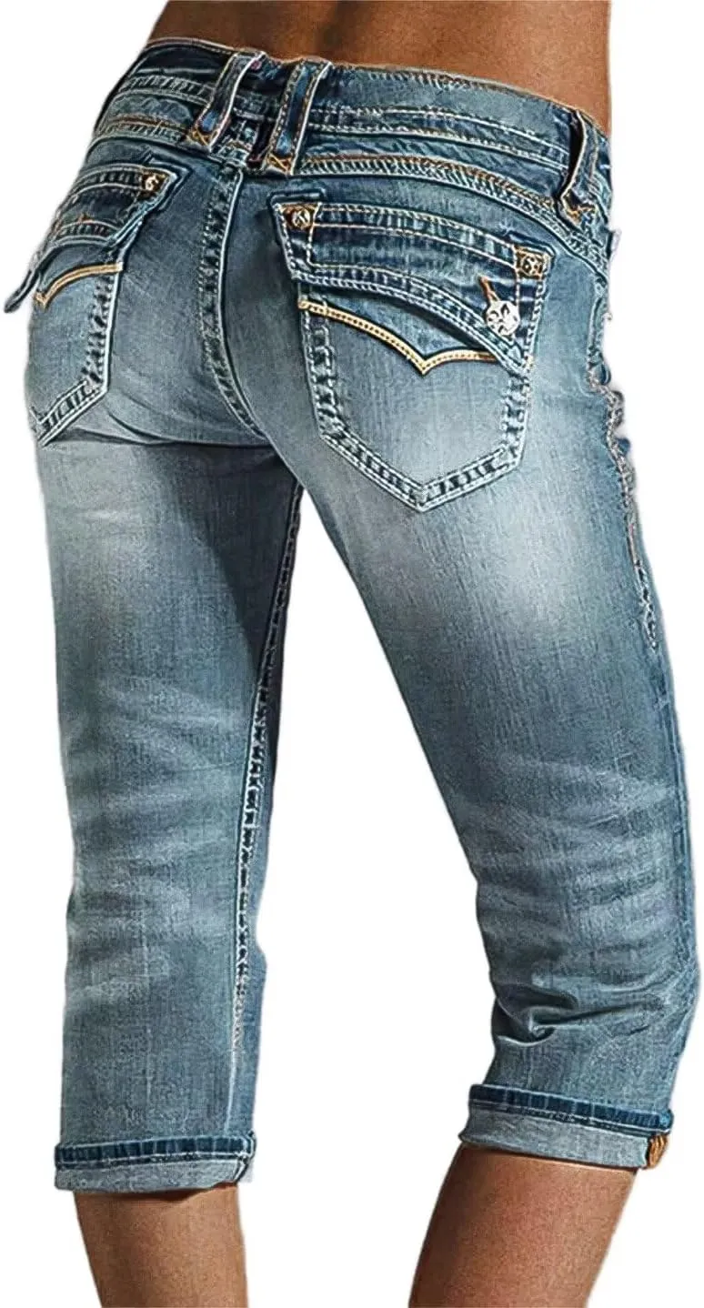 Flamingals Low Waisted Straight Leg Jeans for Women Stretchy Vinatge Skinny Jeggings