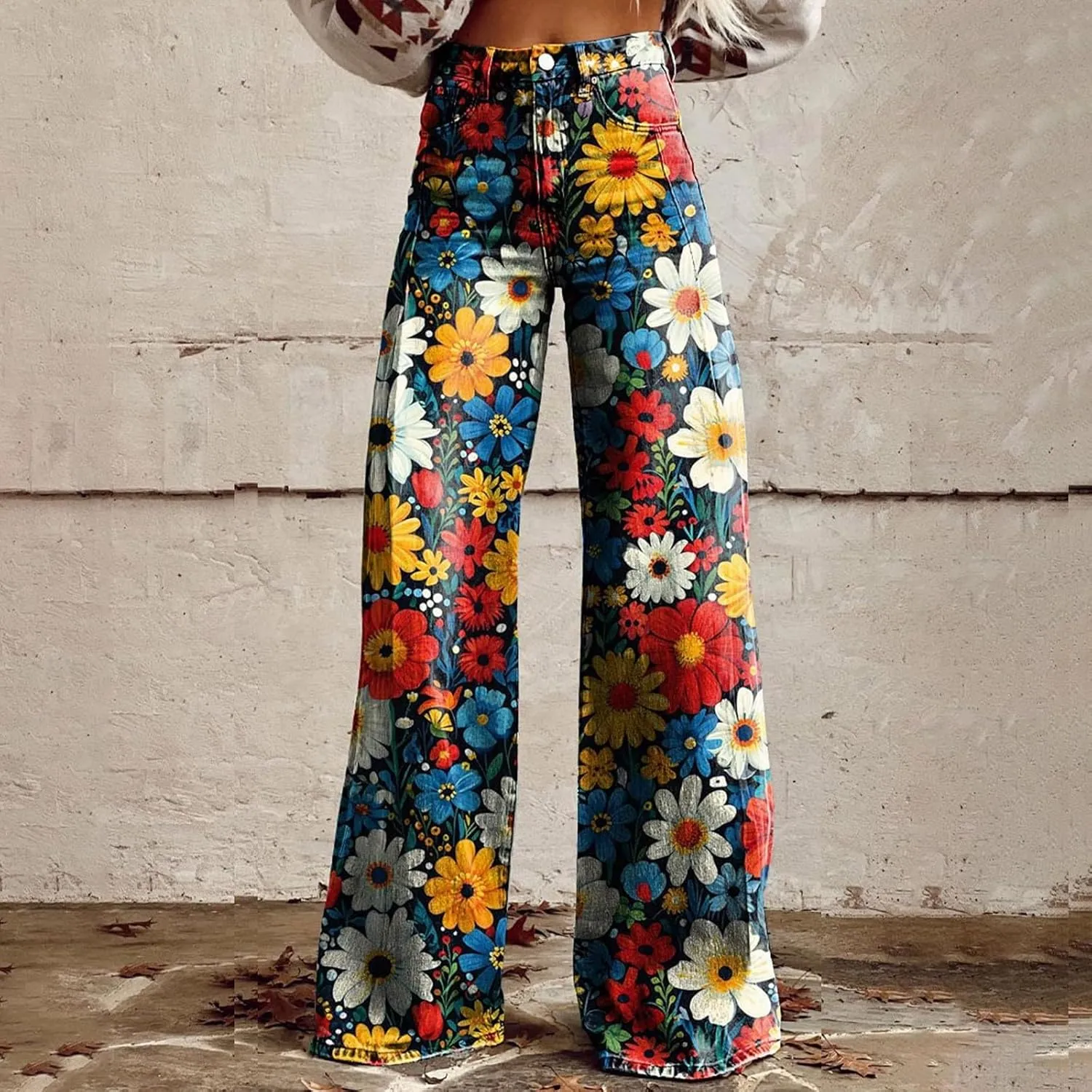 Flare Jeans for Women Wide Leg Jeans Woman Vintage Floral Print High Waisted Straight Stretch Pants with Pockets