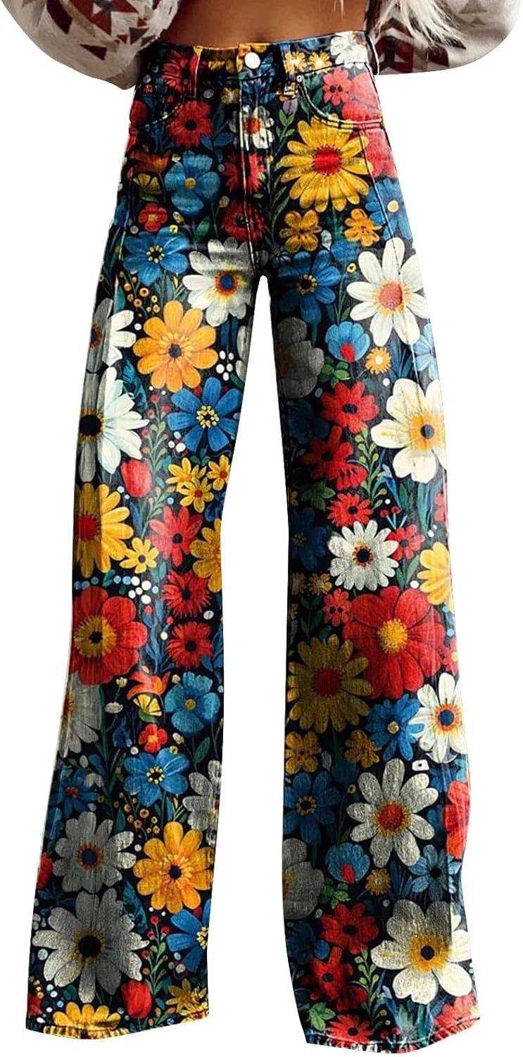 Flare Jeans for Women Wide Leg Jeans Woman Vintage Floral Print High Waisted Straight Stretch Pants with Pockets