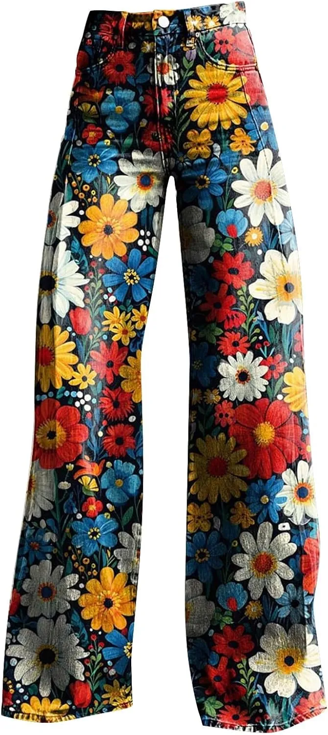 Flare Jeans for Women Wide Leg Jeans Woman Vintage Floral Print High Waisted Straight Stretch Pants with Pockets