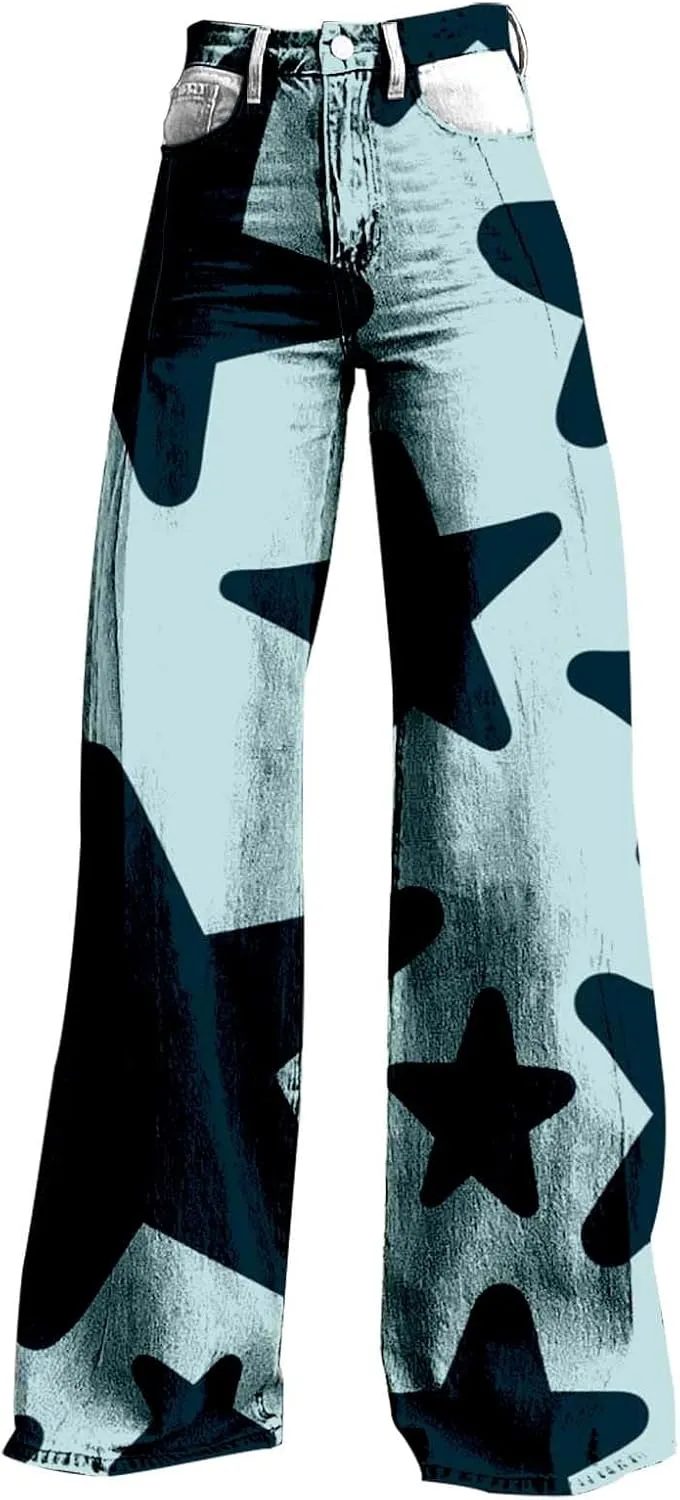 Flare Jeans for Women,Wide Leg Jeans Woman Vintage Floral Print High Waisted Straight Stretch Pants with Pockets
