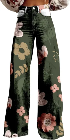 Flare Jeans for Women,Wide Leg Jeans Woman Vintage Floral Print High Waisted Straight Stretch Pants with Pockets