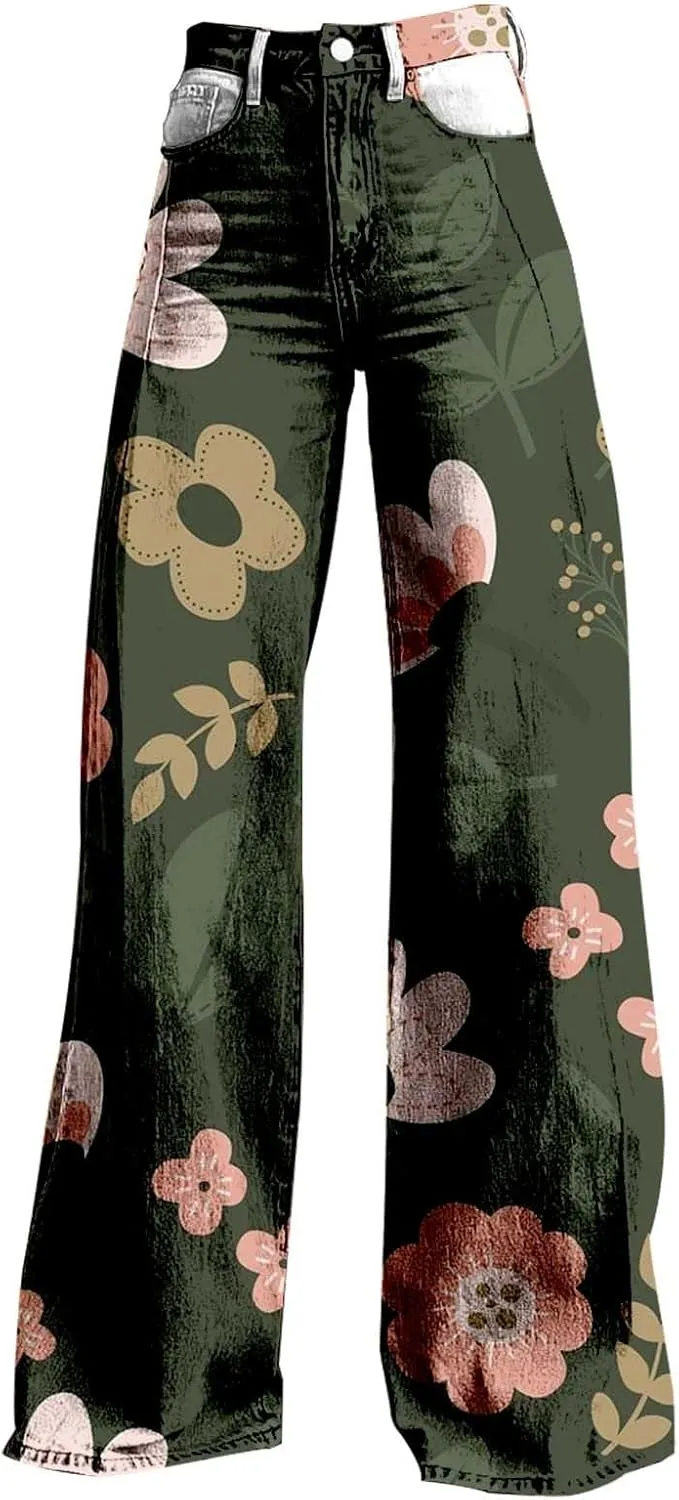 Flare Jeans for Women,Wide Leg Jeans Woman Vintage Floral Print High Waisted Straight Stretch Pants with Pockets