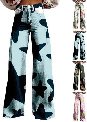 Flare Jeans for Women,Wide Leg Jeans Woman Vintage Floral Print High Waisted Straight Stretch Pants with Pockets