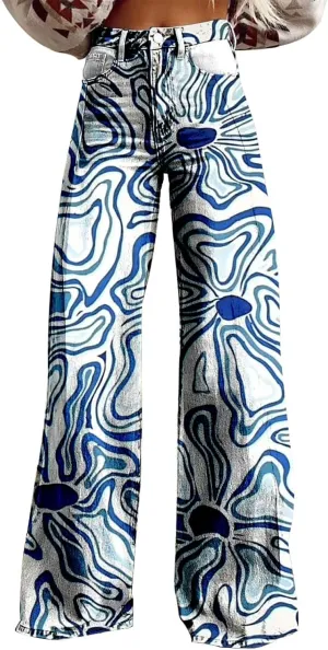 Flare Jeans for Women,Wide Leg Jeans Woman Vintage Floral Print High Waisted Straight Stretch Pants with Pockets