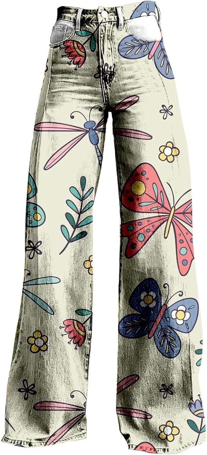 Flare Jeans for Women,Wide Leg Jeans Woman Vintage Floral Print High Waisted Straight Stretch Pants with Pockets