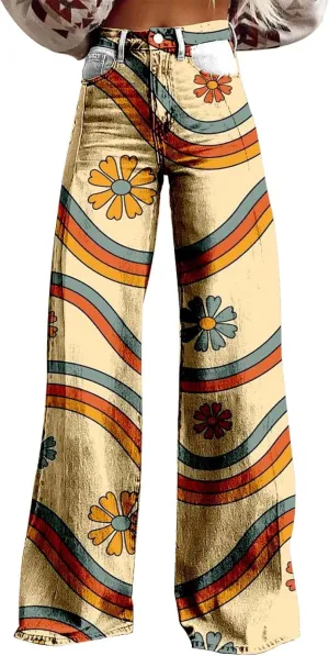 Flare Jeans for Women,Wide Leg Jeans Woman Vintage Floral Print High Waisted Straight Stretch Pants with Pockets