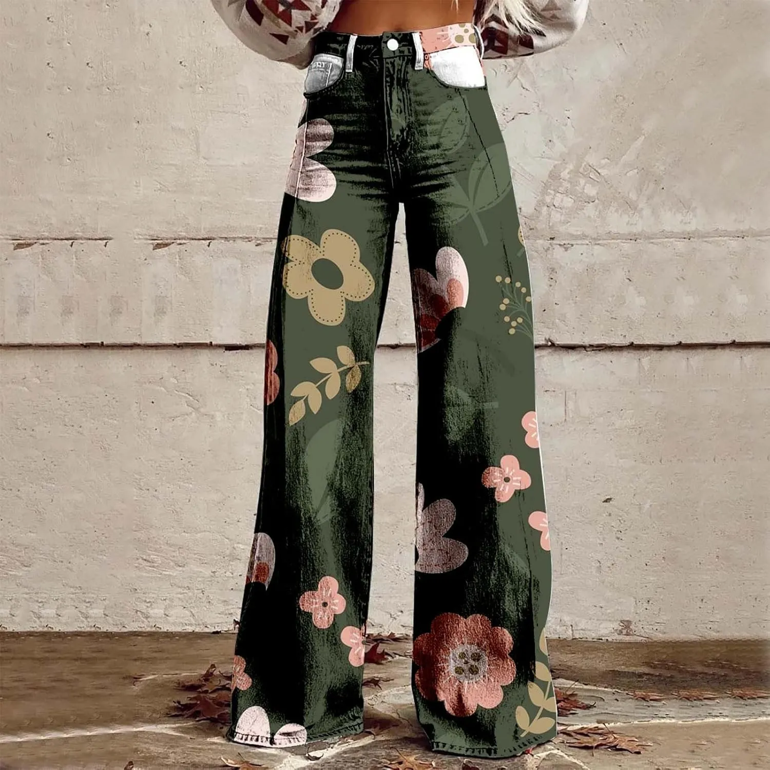 Flare Jeans for Women,Wide Leg Jeans Woman Vintage Floral Print High Waisted Straight Stretch Pants with Pockets
