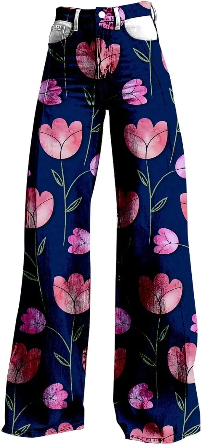 Flare Wide Leg Jeans for Women 2025 Floral Print Baggy Pant Vintage High Waisted Straight Stretch Pants with Pockets