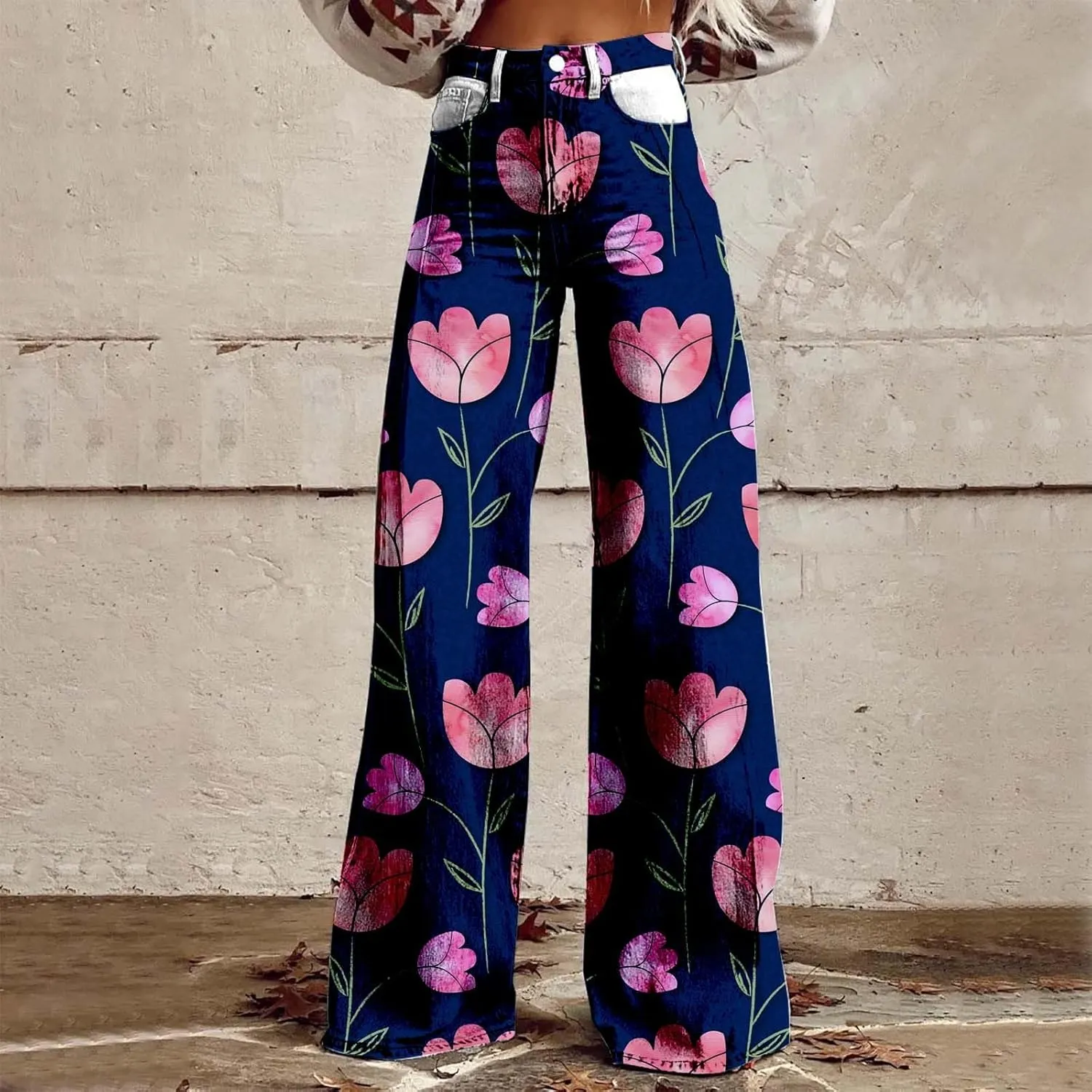 Flare Wide Leg Jeans for Women 2025 Floral Print Baggy Pant Vintage High Waisted Straight Stretch Pants with Pockets