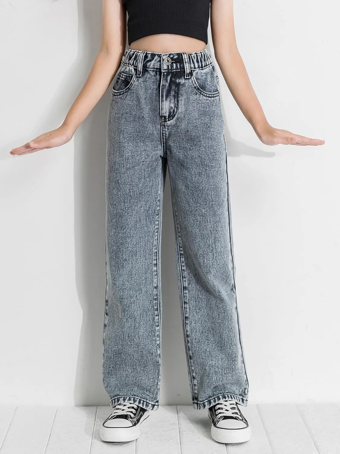 Floerns Girls High Waisted Straight Leg Jeans Denim Long Pants with Pocket