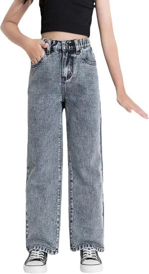 Floerns Girls High Waisted Straight Leg Jeans Denim Long Pants with Pocket