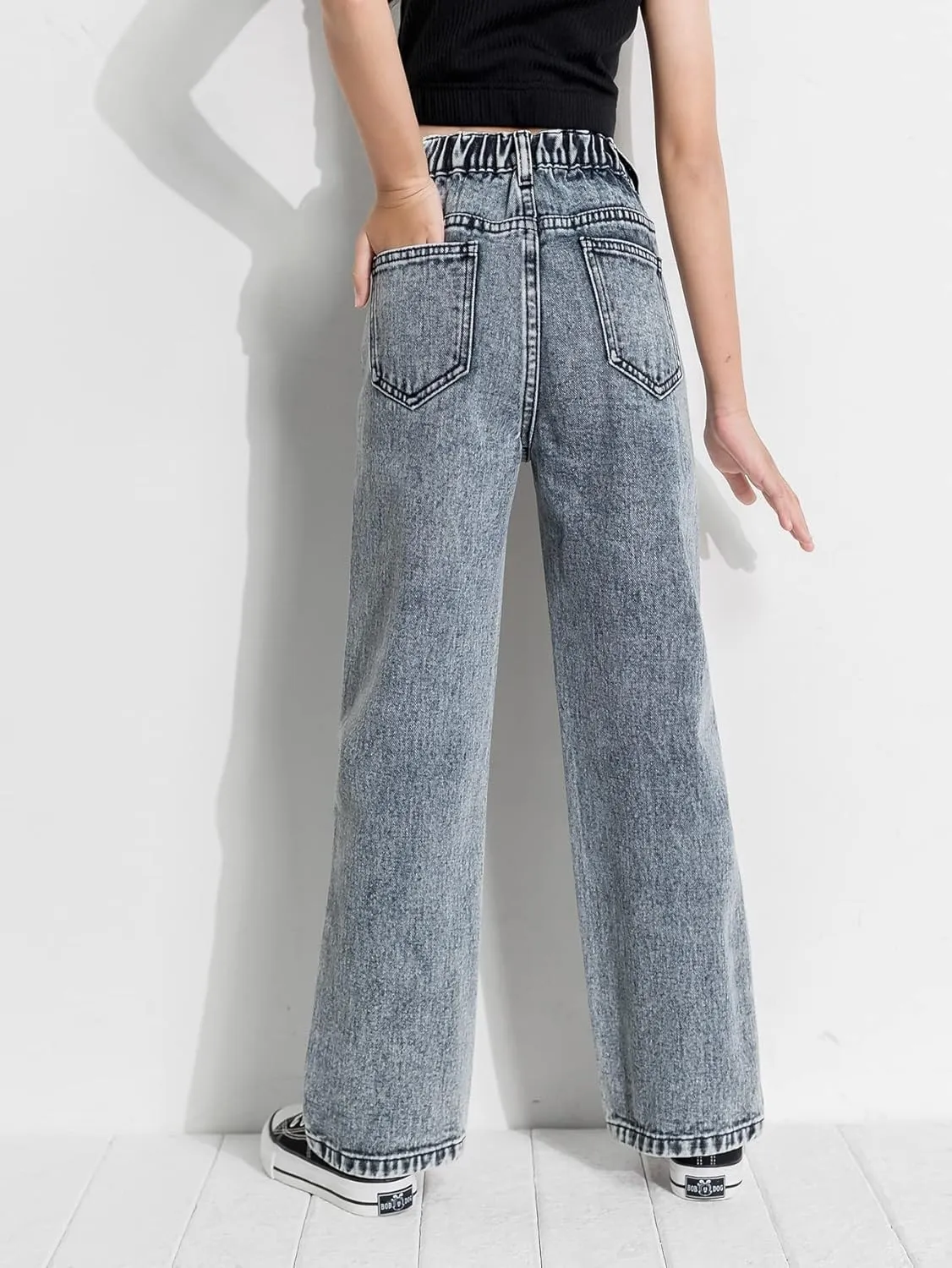 Floerns Girls High Waisted Straight Leg Jeans Denim Long Pants with Pocket