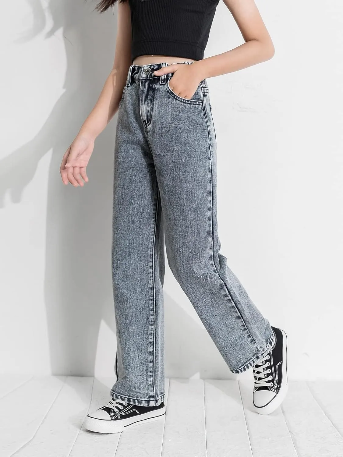 Floerns Girls High Waisted Straight Leg Jeans Denim Long Pants with Pocket