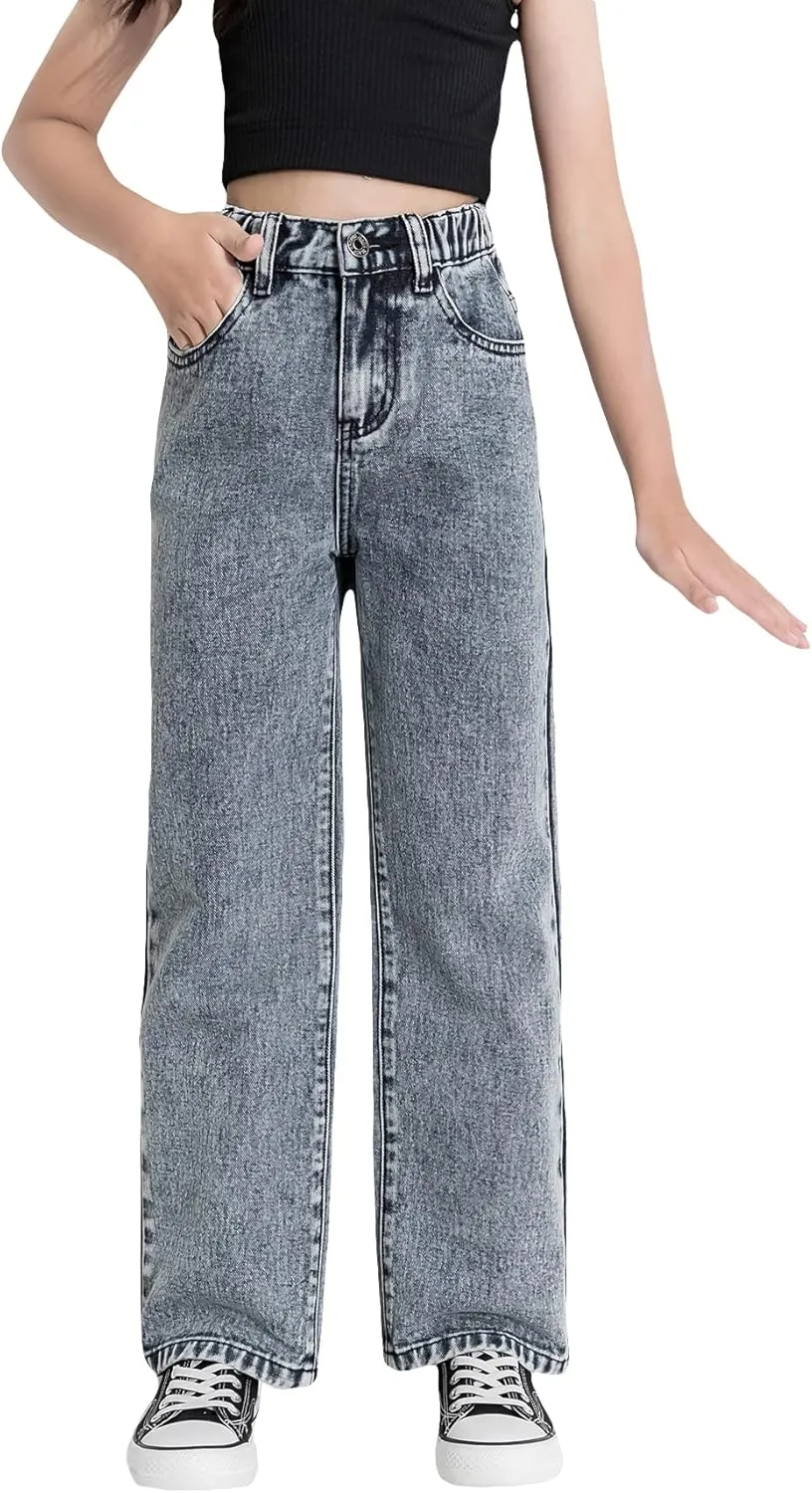 Floerns Girls High Waisted Straight Leg Jeans Denim Long Pants with Pocket