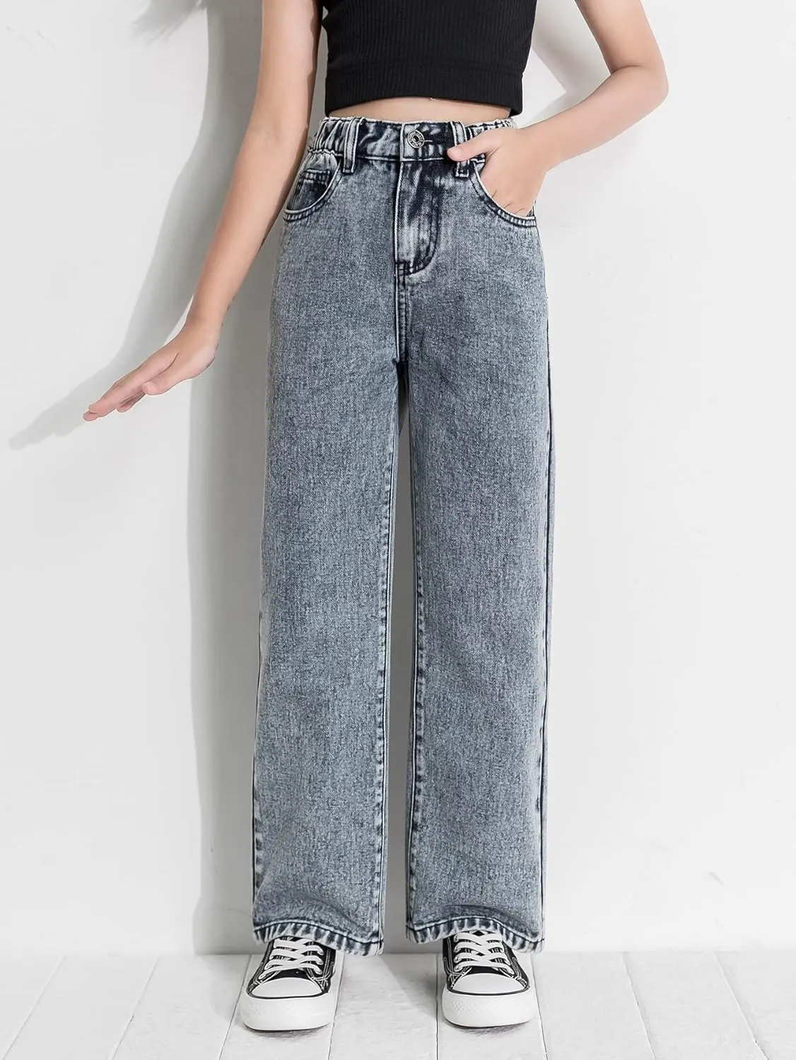 Floerns Girls High Waisted Straight Leg Jeans Denim Long Pants with Pocket
