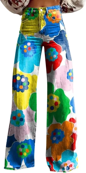 Floral Jeans for Women 2025 Wide Leg Baggy Pant Vintage Floral Print High Waisted Straight Stretch Pants with Pocket